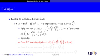 Esboço do Gráfico de uma Função
Exemplo
Pontos de inflexão e Concavidade
f′′
(x) = 6(x2
− 1)(5x2
− 1) = 0 implica que x = ±1 e x = ±
√
5
5
.
f′′
(x) > 0, se x ∈ (−∞, −1) ∪
(
−
√
5
5
,
√
5
5
)
∪ (1, ∞) e f′′
(x) < 0 se
x ∈
(
−1, −
√
5
5
)
∪
(√
5
5
, 1
)
.
Conclusão:
f tem C.P. nos intervalos (−∞, −1),
(
−
√
5
5
,
√
5
5
)
e (1, ∞).
f tem C.N. nos intervalos
(
−1, −
√
5
5
)
e
(√
5
5
, 1
)
.
e as abscissas dos pontos de inflexão de f são x = ±1 e x = ±
√
5
5
.
3 CETEC Paulo Henrique Ribeiro do Nascimento 01/06/2022
 