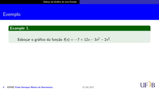 Esboço do Gráfico de uma Função
Exemplo
Example 1.
Esboçar o gráfico da função f(x) = −7 + 12x − 3x2 − 2x3.
4 CETEC Paulo Henrique Ribeiro do Nascimento 01/06/2022
 