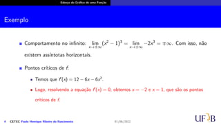 Esboço do Gráfico de uma Função
Exemplo
Comportamento no infinito: lim
x→±∞
(x2
− 1)3
= lim
x→±∞
−2x3
= ∓∞. Com isso, não
existem assíntotas horizontais.
Pontos críticos de f:
Temos que f′
(x) = 12 − 6x − 6x2
.
Logo, resolvendo a equação f′
(x) = 0, obtemos x = −2 e x = 1, que são os pontos
críticos de f.
4 CETEC Paulo Henrique Ribeiro do Nascimento 01/06/2022
 