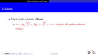 Esboço do Gráfico de uma Função
Exemplo
Existência de assíntotas oblíquas:
m = lim
x→±∞
f(x)
x
= lim
x→±∞
=
−2x3
x
= −∞ e, portanto, não existem assíntotas
oblíquas.
4 CETEC Paulo Henrique Ribeiro do Nascimento 01/06/2022
 