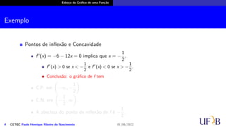 Esboço do Gráfico de uma Função
Exemplo
Pontos de inflexão e Concavidade
f′′
(x) = −6 − 12x = 0 implica que x = −
1
2
.
f′′
(x) > 0 se x < −
1
2
e f′′
(x) < 0 se x > −
1
2
.
Conclusão: o gráfico de f tem
C.P. em
(
−∞, −
1
2
)
.
C.N. em
(
−
1
2
, ∞
)
.
A abscissa do ponto de inflexão de f é −
1
2
.
4 CETEC Paulo Henrique Ribeiro do Nascimento 01/06/2022
 