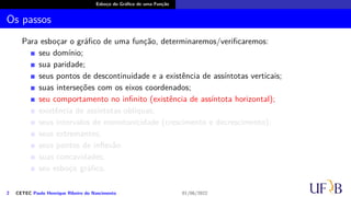 Esboço do Gráfico de uma Função
Os passos
Para esboçar o gráfico de uma função, determinaremos/verificaremos:
seu domínio;
sua paridade;
seus pontos de descontinuidade e a existência de assíntotas verticais;
suas interseções com os eixos coordenados;
seu comportamento no infinito (existência de assíntota horizontal);
existência de assíntotas oblíquas;
seus intervalos de monotonicidade (crescimento e decrescimento);
seus extremantes;
seus pontos de inflexão
suas concavidades;
seu esboço gráfico.
2 CETEC Paulo Henrique Ribeiro do Nascimento 01/06/2022
 