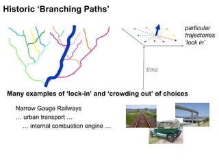 Historic ‘Branching Paths’ Narrow Gauge Railways …  urban transport … …  internal combustion engine … particular trajectories  ‘ lock in’ time Many examples of ‘lock-in’ and ‘crowding out’ of choices 
