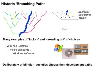 Historic ‘Branching Paths’ VHS and Betamax …  media standards … …  Windows software…   Deliberately or blindly – societies  choose  their development paths particular trajectories  ‘ lock in’ time Many examples of ‘lock-in’ and ‘crowding out’ of choices 