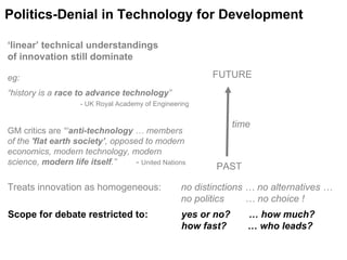 time PAST FUTURE Treats innovation as homogeneous:  no distinctions … no alternatives …  no politics  … no choice ! Scope for debate restricted to: yes or no?  … how much?  how fast?  … who leads? Politics-Denial in Technology for Development ‘ linear’ technical understandings  of innovation still dominate eg: “history is a  race to advance technology ”   - UK Royal Academy of Engineering GM critics are  “‘ anti-technology  … members of the  'flat earth society’ , opposed to modern economics, modern technology, modern science,  modern life itself .”  -  United Nations  