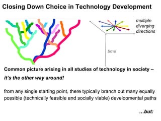 Closing Down Choice in Technology Development Common picture arising in all studies of technology in society – it’s the other way around! from any single starting point, there typically branch out many equally  possible (technically feasible and socially viable) developmental paths   … but: multiple diverging directions time 