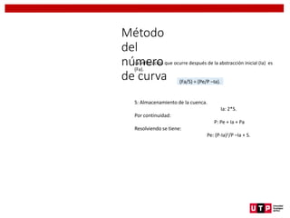 Método
del
número
de curva
La infiltración que ocurre después de la abstracción inicial (Ia) es
(Fa).
S: Almacenamiento de la cuenca.
Ia: 2*S.
Por continuidad:
P: Pe + Ia + Pa
Resolviendo se tiene:
Pe: (P-Ia)2/P –Ia + S.
(Fa/S) = (Pe/P –Ia).
 