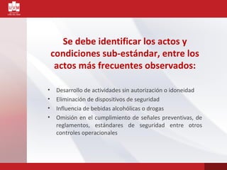 Se debe identificar los actos y
condiciones sub-estándar, entre los
actos más frecuentes observados:
• Desarrollo de actividades sin autorización o idoneidad
• Eliminación de dispositivos de seguridad
• Influencia de bebidas alcohólicas o drogas
• Omisión en el cumplimiento de señales preventivas, de
reglamentos, estándares de seguridad entre otros
controles operacionales
 