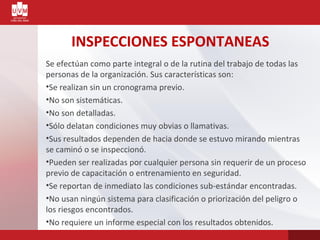 INSPECCIONES ESPONTANEAS
Se efectúan como parte integral o de la rutina del trabajo de todas las
personas de la organización. Sus características son:
•Se realizan sin un cronograma previo.
•No son sistemáticas.
•No son detalladas.
•Sólo delatan condiciones muy obvias o llamativas.
•Sus resultados dependen de hacia donde se estuvo mirando mientras
se caminó o se inspeccionó.
•Pueden ser realizadas por cualquier persona sin requerir de un proceso
previo de capacitación o entrenamiento en seguridad.
•Se reportan de inmediato las condiciones sub-estándar encontradas.
•No usan ningún sistema para clasificación o priorización del peligro o
los riesgos encontrados.
•No requiere un informe especial con los resultados obtenidos.
 