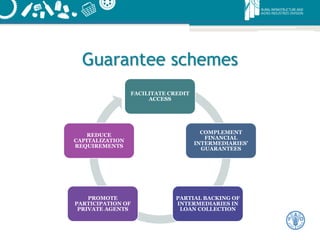 Guarantee schemes
FACILITATE CREDIT
ACCESS
COMPLEMENT
FINANCIAL
INTERMEDIARIES’
GUARANTEES
PARTIAL BACKING OF
INTERMEDIARIES IN
LOAN COLLECTION
PROMOTE
PARTICIPATION OF
PRIVATE AGENTS
REDUCE
CAPITALIZATION
REQUIREMENTS
 