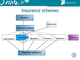 Insurance schemes
Farmers Aggregators
Consumer
Processors
Financial institution
Input suppliers
Government
Reinsurer
Insurance company
Wholesalers
 