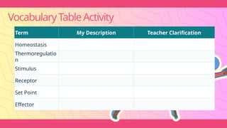 VocabularyTableActivity
Term My Description Teacher Clarification
Homeostasis
Thermoregulatio
n
Stimulus
Receptor
Set Point
Effector
 