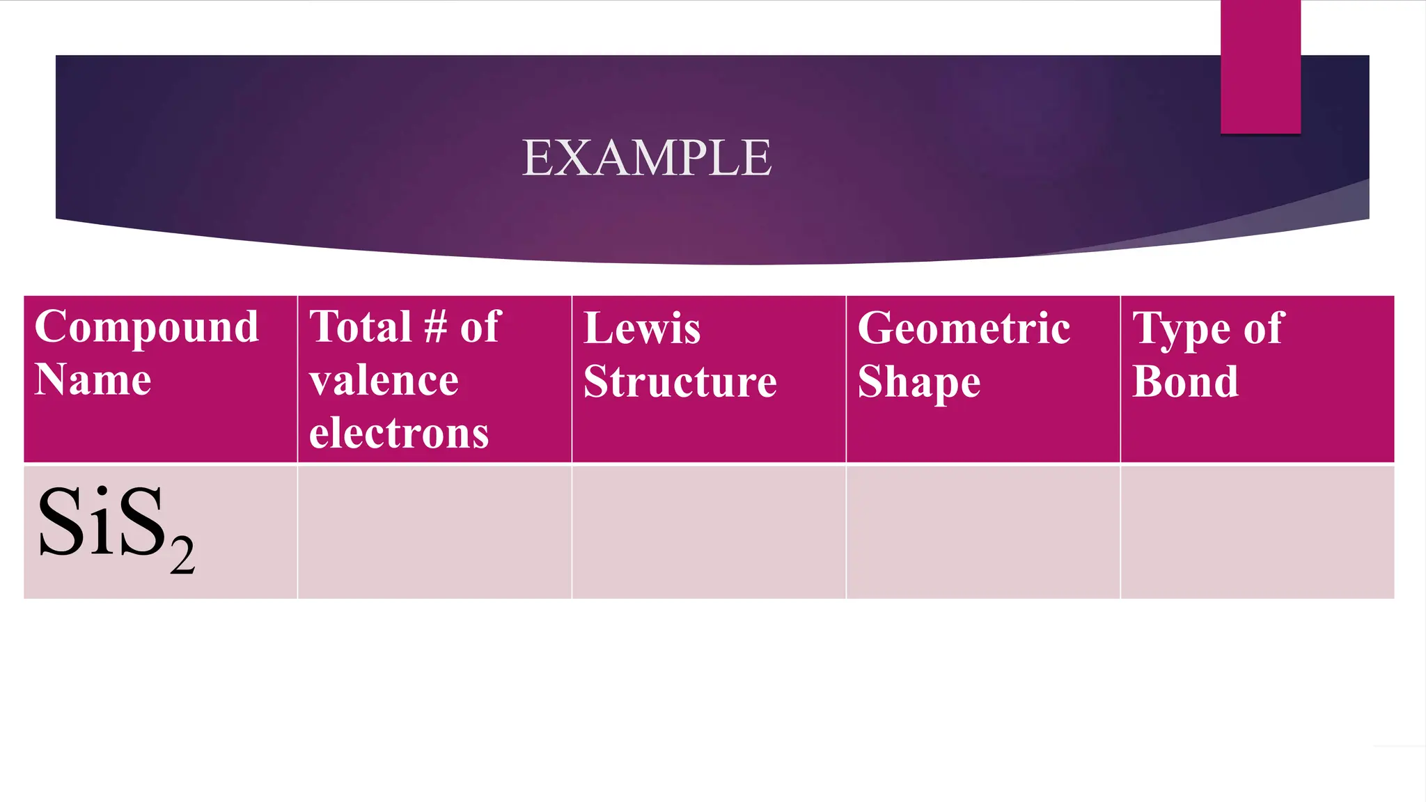 EXAMPLE
Compound
Name
Total # of
valence
electrons
Lewis
Structure
Geometric
Shape
Type of
Bond
SiS2
 
