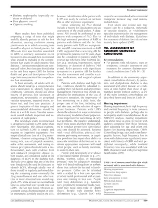 Position Statement

c   Diabetic nephropathy (especially pa-      however, identiﬁcation of the patient with     cannot be accommodated with commercial
    tients on dialysis)                       LOPS can easily be carried out without         therapeutic footwear may need custom-
c   Poor glycemic control                     this or other expensive equipment.             molded shoes.
c   Cigarette smoking                              Initial screening for PAD should               Foot ulcers and wound care may
                                              include a history for claudication and an      require care by a podiatrist, orthopedic
                                              assessment of the pedal pulses. A diag-        or vascular surgeon, or rehabilitation
     Many studies have been published         nostic ABI should be performed in any          specialist experienced in the management
proposing a range of tests that might         patient with symptoms of PAD. Due to           of individuals with diabetes. Guidelines
usefully identify patients at risk for foot   the high estimated prevalence of PAD in        for treatment of diabetic foot ulcers have
ulceration, creating confusion among          patients with diabetes and the fact that       recently been updated (387).
practitioners as to which screening tests     many patients with PAD are asymptom-
should be adopted in clinical practice. An    atic, an ADA consensus statement on PAD        VII. ASSESSMENT OF
ADA task force was therefore assembled        (386) suggested that a screening ABI be        COMMON COMORBID
in 2008 to concisely summarize recent         performed in patients over 50 years of age     CONDITIONS
literature in this area and then recommend    and be considered in patients under 50
what should be included in the compre-        years of age who have other PAD risk fac-      Recommendations
hensive foot exam for adult patients with     tors (e.g., smoking, hypertension, hyper-      c For patients with risk factors, signs or
diabetes. Their recommendations are sum-      lipidemia, or duration of diabetes .10           symptoms, consider assessment and
marized below, but clinicians should refer    years). Refer patients with signiﬁcant           treatment for common diabetes-asso-
to the task force report (385) for further    symptoms or a positive ABI for further           ciated conditions (see Table 14). (B)
details and practical descriptions of how     vascular assessment and consider exer-
to perform components of the comprehen-       cise, medications, and surgical options            In addition to the commonly appre-
sive foot examination.                        (386).                                         ciated comorbidities of obesity, hyperten-
     At least annually, all adults with di-        Patients with diabetes and high-risk      sion, and dyslipidemia, diabetes is also
abetes should undergo a comprehensive         foot conditions should be educated re-         associated with other diseases or condi-
foot examination to identify high-risk        garding their risk factors and appropriate     tions at rates higher than those of age-
conditions. Clinicians should ask about       management. Patients at risk should un-        matched people without diabetes. A few
history of previous foot ulceration or        derstand the implications of the loss of       of the more common comorbidities are
amputation, neuropathic or peripheral         protective sensation, the importance of        described herein and listed in Table 14.
vascular symptoms, impaired vision, to-       foot monitoring on a daily basis, the
bacco use, and foot care practices. A         proper care of the foot, including nail        Hearing impairment
general inspection of skin integrity and      and skin care, and the selection of appro-     Hearing impairment, both high frequency
musculoskeletal deformities should be         priate footwear. Patients with LOPS            and low/mid frequency, is more common
done in a well-lit room. Vascular assess-     should be educated on ways to substitute       in people with diabetes, perhaps due to
ment would include inspection and as-         other sensory modalities (hand palpation,      neuropathy and/or vascular disease. In an
sessment of pedal pulses.                     visual inspection) for surveillance of early   NHANES analysis, hearing impairment
     The neurologic exam recommended          foot problems. The patients’ understand-       was about twice as great in people with
is designed to identify LOPS rather than      ing of these issues and their physical abil-   diabetes compared with those without,
early neuropathy. The clinical examina-       ity to conduct proper foot surveillance        after adjusting for age and other risk
tion to identify LOPS is simple and           and care should be assessed. Patients          factors for hearing impairment (388).
requires no expensive equipment. Five         with visual difﬁculties, physical con-         Controlling for age, race, and other demo-
simple clinical tests (use of a 10-g mono-    straints preventing movement, or cogni-        graphic factors, high frequency loss in
ﬁlament, vibration testing using a 128-Hz     tive problems that impair their ability to     those with diabetes was signiﬁcantly asso-
tuning fork, tests of pinprick sensation,     assess the condition of the foot and to in-    ciated with history of CHD and with pe-
ankle reﬂex assessment, and testing vi-       stitute appropriate responses will need        ripheral neuropathy, while low/mid
bration perception threshold with a bio-      other people, such as family members,          frequency loss was associated with low
thesiometer), each with evidence from         to assist in their care.                       HDL cholesterol and with poor reported
well-conducted prospective clinical co-            People with neuropathy or evidence        health status (389).
hort studies, are considered useful in the    of increased plantar pressure (e.g., ery-
diagnosis of LOPS in the diabetic foot.       thema, warmth, callus, or measured
The task force agrees that any of the ﬁve     pressure) may be adequately managed            Table 14dCommon comorbidities for which
tests listed could be used by clinicians to   with well-ﬁtted walking shoes or athletic      increased risk is associated with diabetes
identify LOPS, although ideally two of        shoes that cushion the feet and redistrib-
                                                                                             Hearing impairment
these should be regularly performed dur-      ute pressure. Callus can be debrided
                                                                                             Obstructive sleep apnea
ing the screening examdnormally the           with a scalpel by a foot care specialist
                                                                                             Fatty liver disease
10-g monoﬁlament and one other test.          or other health professional with experi-
                                                                                             Low testosterone in men
One or more abnormal tests would sug-         ence and training in foot care. People
                                                                                             Periodontal disease
gest LOPS, while at least two normal tests    with bony deformities (e.g., hammer-
                                                                                             Certain cancers
(and no abnormal test) would rule out         toes, prominent metatarsal heads, bun-
                                                                                             Fractures
LOPS. The last test listed, vibration as-     ions) may need extra-wide or -depth
                                                                                             Cognitive impairment
sessment using a biothesiometer or simi-      shoes. People with extreme bony
                                                                                             Depression
lar instrument, is widely used in the U.S.;   deformities (e.g., Charcot foot) who

care.diabetesjournals.org                                                     DIABETES CARE, VOLUME 36, SUPPLEMENT 1, JANUARY 2013   S39
 