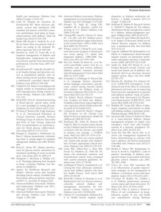 Position Statement

       health care institutions. Diabetes Care       494. American Diabetes Association. Diabetes              disparities in diabetes medication ad-
       2004;27(Suppl. 1):S55–S57                          management in correctional institutions.             herence. J Health Commun 2011;16
481.   Curll M, Dinardo M, Noschese M,                    Diabetes Care 2011;34(Suppl. 1):S75–S81              (Suppl. 3):268–278
       Korytkowski MT. Menu selection, gly-          495. Hoerger TJ, Segel JE, Gregg EW,               508.   Rothman R, Malone R, Bryant B, Horlen
       caemic control and satisfaction with               Saaddine JB. Is glycemic control im-                 C, DeWalt D, Pignone M. The relation-
       standard and patient-controlled consis-            proving in U.S. adults? Diabetes Care                ship between literacy and glycemic control
       tent carbohydrate meal plans in hospi-             2008;31:81–86                                        in a diabetes disease-management pro-
       talised patients with diabetes. Qual Saf      496. Cheung BM, Ong KL, Cherny SS, Sham                   gram. Diabetes Educ 2004;30:263–273
       Health Care 2010;19:355–359                        PC, Tso AW, Lam KS. Diabetes preva-           509.   O’Connor PJ, Sperl-Hillen JM, Rush WA,
482.   Modic MB, Kozak A, Siedlecki SL, et al.            lence and therapeutic target achievement             et al. Impact of electronic health record
       Do we know what our patients with di-              in the United States, 1999 to 2006. Am J             clinical decision support on diabetes
       abetes are eating in the hospital? Di-             Med 2009;122:443–453                                 care: a randomized trial. Ann Fam Med
       abetes Spectrum 2011;24:100–106               497. Wang J, Geiss LS, Cheng YJ, et al. Long-             2011;9:12–21
483.   Boucher JL, Swift CS, Franz MJ, et al.             term and recent progress in blood pres-       510.   Garg AX, Adhikari NK, McDonald H, et al.
       Inpatient management of diabetes and               sure levels among U.S. adults with                   Effects of computerized clinical decision
                                                          diagnosed diabetes, 1988-2008. Dia-                  support systems on practitioner perfor-
       hyperglycemia: implications for nutri-
                                                          betes Care 2011;34:1579–1581                         mance and patient outcomes: a systematic
       tion practice and the food and nutrition
                                                     498. Kerr EA, Heisler M, Krein SL, et al. Be-             review. JAMA 2005;293:1223–1238
       professional. J Am Diet Assoc 2007;107:
                                                          yond comorbidity counts: how do co-           511.   Smith SA, Shah ND, Bryant SC, et al.;
       105–111                                            morbidity type and severity inﬂuence                 Evidens Research Group. Chronic care
484.   Korytkowski MT, Salata RJ, Koerbel GL,             diabetes patients’ treatment priorities              model and shared care in diabetes: ran-
       et al. Insulin therapy and glycemic con-           and self-management? J Gen Intern Med                domized trial of an electronic decision
       trol in hospitalized patients with di-             2007;22:1635–1640                                    support system. Mayo Clin Proc 2008;
       abetes during enteral nutrition therapy:      499. Fernandez A, Schillinger D, Warton EM,               83:747–757
       a randomized controlled clinical trial.            et al. Language barriers, physician-          512.   McLean DL, McAlister FA, Johnson JA,
       Diabetes Care 2009;32:594–596                      patient language concordance, and gly-               et al.; SCRIP-HTN Investigators. A ran-
485.   Umpierrez GE. Basal versus sliding-scale           cemic control among insured Latinos                  domized trial of the effect of community
       regular insulin in hospitalized patients           with diabetes: the Diabetes Study of                 pharmacist and nurse care on improving
       with hyperglycemia during enteral nu-              Northern California (DISTANCE). J Gen                blood pressure management in patients
       trition therapy. Diabetes Care 2009;32:            Intern Med 2011;26:170–176                           with diabetes mellitus: Study of Cardio-
       751–753                                       500. The Robert Wood Johnson Founda-                      vascular Risk Intervention by Pharma-
486.   Klonoff DC, Perz JF. Assisted monitoring           tion. Evidence for better care: diabetes.            cists–Hypertension (SCRIP-HTN). Arch
       of blood glucose: special safety needs             Available at http://www.improvingchronic             Intern Med 2008;168:2355–2361
       for a new paradigm in testing glucose.             care.org/index.php?p=Diabetess=86.           513.   Wubben DP, Vivian EM. Effects of phar-
       J Diabetes Sci Tech 2010;4:1027–1031               Accessed 26 November 2012                            macist outpatient interventions on adults
487.   D’Orazio P, Burnett RW, Fogh-Andersen         501. Coleman K, Austin BT, Brach C, Wagner                with diabetes mellitus: a systematic review.
       N, et al.; International Federation of             EH. Evidence on the Chronic Care                     Pharmacotherapy 2008;28:421–436
       Clinical Chemistry Scientiﬁc Division              Model in the new millennium. Health Aff       514.   Davidson MB, Ansari A, Karlan VJ. Effect
       Working Group on Selective Electrodes              (Millwood) 2009;28:75–85                             of a nurse-directed diabetes disease
       and Point of Care Testing. Approved           502. Parchman ML, Zeber JE, Romero RR,                    management program on urgent care/
       IFCC recommendation on reporting re-               Pugh JA. Risk of coronary artery disease             emergency room visits and hospital-
       sults for blood glucose (abbreviated).             in type 2 diabetes and the delivery of care          izations in a minority population. Di-
       Clin Chem 2005;51:1573–1576                        consistent with the chronic care model               abetes Care 2007;30:224–227
488.   Dungan K, Chapman J, Braithwaite SS,               in primary care settings: a STARNet           515.   Stone RA, Rao RH, Sevick MA, et al.
       Buse J. Glucose measurement: confound-             study. Med Care 2007;45:1129–1134                    Active care management supported by
       ing issues in setting targets for inpatient   503. Davidson MB. How our current medical                 home telemonitoring in veterans with
       management. Diabetes Care 2007;30:403–             care system fails people with diabetes:              type 2 diabetes: the DiaTel randomized
                                                          lack of timely, appropriate clinical deci-           controlled trial. Diabetes Care 2010;33:
       409
                                                          sions. Diabetes Care 2009;32:370–372                 478–484
489.   Boyd JC, Bruns DE. Quality speciﬁca-
                                                     504. Grant RW, Pabon-Nau L, Ross KM,               516.   Berikai P, Meyer PM, Kazlauskaite R,
       tions for glucose meters: assessment by
                                                          Youatt EJ, Pandiscio JC, Park ER. Di-                Savoy B, Kozik K, Fogelfeld L. Gain in
       simulation modeling of errors in insulin
                                                          abetes oral medication initiation and                patients’ knowledge of diabetes man-
       dose. Clin Chem 2001;47:209–214                    intensiﬁcation: patient views compared               agement targets is associated with better
490.   Shepperd S, McClaran J, Phillips CO,               with current treatment guidelines. Di-               glycemic control. Diabetes Care 2007;
       et al. Discharge planning from hospital            abetes Educ 2011;37:78–84                            30:1587–1589
       to home. Cochrane Database Syst Rev           505. Schillinger D, Piette J, Grumbach K, et al.   517.   Tricco AC, Ivers NM, Grimshaw JM,
       2010;(1):CD000313                                  Closing the loop: physician communi-                 et al. Effectiveness of quality improve-
491.   Agency for Healthcare Research and                 cation with diabetic patients who have               ment strategies on the management of
       Quality. Adverse events after hospital             low health literacy. Arch Intern Med                 diabetes: a systematic review and meta-
       discharge [article online]. Available from         2003;163:83–90                                       analysis. Lancet 2012;379:2252–2261
       http://psnet.ahrq.gov/primer.aspx?pri-        506. Rosal MC, Ockene IS, Restrepo A, et al.       518.   O’Connor PJ, Bodkin NL, Fradkin J,
       merID511. Accessed 25 August 2012                  Randomized trial of a literacy-sensitive,            et al. Diabetes performance measures:
492.   American Diabetes Association. Diabetes            culturally tailored diabetes self-                   current status and future directions. Di-
       and employment. Diabetes Care 2011;                management intervention for low-                     abetes Care 2011;34:1651–1659
       34(Suppl. 1):S82–S86                               income Latinos: Latinos en Control.           519.   Peikes D, Chen A, Schore J, Brown R.
493.   American Diabetes Association. Diabetes            Diabetes Care 2011;34:838–844                        Effects of care coordination on hospi-
       and driving. Diabetes Care 2012;35            507. Osborn CY, Cavanaugh K, Wallston KA,                 talization, quality of care, and health
       (Suppl. 1):S81–S86                                 et al. Health literacy explains racial               care expenditures among Medicare

care.diabetesjournals.org                                                               DIABETES CARE, VOLUME 36, SUPPLEMENT 1, JANUARY 2013          S65
 