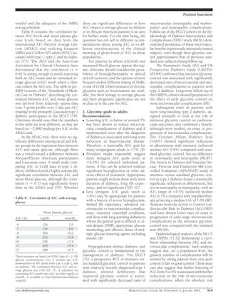 Position Statement

results) and the adequacy of the SMBG                  there are signiﬁcant differences in how       microvascular (retinopathy and nephro-
testing schedule.                                      A1C relates to average glucose in children    pathy) and neuropathic complications.
     Table 8 contains the correlation be-              or in African American patients is an area    Follow-up of the DCCT cohorts in the Ep-
tween A1C levels and mean plasma glu-                  for further study. For the time being, the    idemiology of Diabetes Interventions and
cose levels based on data from the                     question has not led to different recom-      Complications (EDIC) study (80,81) dem-
international A1C-Derived Average Glu-                 mendations about testing A1C or to dif-       onstrated persistence of these microvascu-
cose (ADAG) trial utilizing frequent                   ferent interpretations of the clinical        lar beneﬁts in previously intensively treated
SMBG and CGM in 507 adults (83% Cau-                   meaning of given levels of A1C in those       subjects, even though their glycemic con-
casian) with type 1, type 2, and no diabe-             populations.                                  trol approximated that of previous stan-
tes (77). The ADA and the American                          For patients in whom A1C/eAG and         dard arm subjects during follow-up.
Association for Clinical Chemistry have                measured blood glucose appear discrep-             The Kumamoto Study (82) and UK
determined that the correlation (r 5                   ant, clinicians should consider the possi-    Prospective Diabetes Study (UKPDS)
0.92) is strong enough to justify reporting            bilities of hemoglobinopathy or altered       (83,84) conﬁrmed that intensive glycemic
both an A1C result and an estimated av-                red cell turnover, and the options of more    control was associated with signiﬁcantly
erage glucose (eAG) result when a clini-               frequent and/or different timing of SMBG      decreased rates of microvascular and neu-
cian orders the A1C test. The table in pre-            or use of CGM. Other measures of chronic      ropathic complications in patients with
2009 versions of the “Standards of Medi-               glycemia such as fructosamine are avail-      type 2 diabetes. Long-term follow-up of
cal Care in Diabetes” describing the cor-              able, but their linkage to average glucose    the UKPDS cohorts showed persistence of
relation between A1C and mean glucose                  and their prognostic signiﬁcance are not      the effect of early glycemic control on
was derived from relatively sparse data                as clear as is the case for A1C.              most microvascular complications (85).
(one 7-point proﬁle over 1 day per A1C                                                                    Subsequent trials in patients with
reading) in the primarily Caucasian type 1             2. Glycemic goals in adults                   more long-standing type 2 diabetes, de-
diabetic participants in the DCCT (78).                Recommendations                               signed primarily to look at the role of
Clinicians should note that the numbers                c Lowering A1C to below or around 7%          intensive glycemic control on cardiovas-
in the table are now different, as they are               has been shown to reduce microvas-         cular outcomes, also conﬁrmed a beneﬁt,
based on ;2,800 readings per A1C in the                   cular complications of diabetes and if     although more modest, on onset or pro-
ADAG trial.                                               implemented soon after the diagnosis       gression of microvascular complications.
     In the ADAG trial, there were no sig-                of diabetes is associated with long-term   The Veterans Affairs Diabetes Trial
niﬁcant differences among racial and eth-                 reduction in macrovascular disease.        (VADT) showed signiﬁcant reductions
nic groups in the regression lines between                Therefore, a reasonable A1C goal for       in albuminuria with intensive (achieved
A1C and mean glucose, although there                      many nonpregnant adults is ,7%. (B)        median A1C 6.9%) compared with stan-
was a trend toward a difference between                c Providers might reasonably suggest          dard glycemic control, but no difference
African/African American participants                     more stringent A1C goals (such as          in retinopathy and neuropathy (86,87).
and Caucasian ones. A small study com-                    ,6.5%) for selected individual pa-         The Action in Diabetes and Vascular Dis-
paring A1C to CGM data in type 1 di-                      tients, if this can be achieved without    ease: Preterax and Diamicron MR Con-
abetic children found a highly statistically              signiﬁcant hypoglycemia or other ad-       trolled Evaluation (ADVANCE) study of
signiﬁcant correlation between A1C and                    verse effects of treatment. Appropriate    intensive versus standard glycemic con-
mean blood glucose, although the corre-                   patients might include those with short    trol in type 2 diabetes found a statistically
lation (r 5 0.7) was signiﬁcantly lower                   duration of diabetes, long life expec-     signiﬁcant reduction in albuminuria, but
than in the ADAG trial (79). Whether                      tancy, and no signiﬁcant CVD. (C)          not in neuropathy or retinopathy, with an
                                                       c Less stringent A1C goals (such as           A1C target of ,6.5% (achieved median
Table 8dCorrelation of A1C with average
                                                          ,8%) may be appropriate for patients       A1C 6.3%) compared with standard ther-
glucose
                                                          with a history of severe hypoglycemia,     apy achieving a median A1C of 7.0% (88).
                                                          limited life expectancy, advanced mi-      Analyses from the Action to Control Car-
                                                          crovascular or macrovascular complica-     diovascular Risk in Diabetes (ACCORD)
                       Mean plasma glucose                tions, extensive comorbid conditions,      trial have shown lower rates of onset or
A1C (%)             mg/dL                mmol/L           and those with long-standing diabetes in   progression of early-stage microvascular
                                                          whom the general goal is difﬁcult to at-   complications in the intensive glycemic
 6                    126                  7.0            tain despite DSME, appropriate glucose     control arm compared with the standard
 7                    154                  8.6            monitoring, and effective doses of mul-    arm (89,90).
 8                    183                 10.2            tiple glucose-lowering agents including         Epidemiological analyses of the DCCT
 9                    212                 11.8            insulin. (B)                               and UKPDS (71,72) demonstrate a curvi-
10                    240                 13.4                                                       linear relationship between A1C and mi-
11                    269                 14.9             Hyperglycemia deﬁnes diabetes, and        crovascular complications. Such analyses
12                    298                 16.5         glycemic control is fundamental to the        suggest that, on a population level, the
These estimates are based on ADAG data of ;2,700       management of diabetes. The DCCT              greatest number of complications will be
glucose measurements over 3 months per A1C             (71), a prospective RCT of intensive ver-     averted by taking patients from very poor
measurement in 507 adults with type 1, type 2, and     sus standard glycemic control in patients     control to fair or good control. These anal-
no diabetes. The correlation between A1C and av-       with relatively recently diagnosed type 1     yses also suggest that further lowering of
erage glucose was 0.92 (ref. 77). A calculator for
converting A1C results into eAG, in either mg/dL or
                                                       diabetes, showed deﬁnitively that             A1C from 7 to 6% is associated with further
mmol/L, is available at http://professional.diabetes   improved glycemic control is associ-          reduction in the risk of microvascular
.org/eAG.                                              ated with signiﬁcantly decreased rates of     complications, albeit the absolute risk

care.diabetesjournals.org                                                             DIABETES CARE, VOLUME 36, SUPPLEMENT 1, JANUARY 2013    S19
 