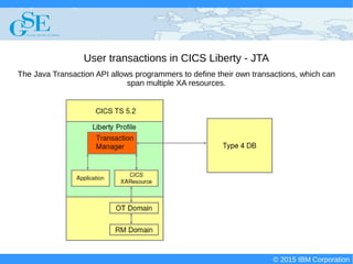 © 2015 IBM Corporation
Deploying CICS with Right Clicks - An Introduction to CICS Deployment Assistant v5.2 - S110
© 2015 IBM Corporation
User transactions in CICS Liberty - JTA
The Java Transaction API allows programmers to define their own transactions, which can
span multiple XA resources.
 