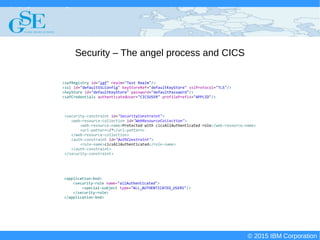 © 2015 IBM Corporation
Deploying CICS with Right Clicks - An Introduction to CICS Deployment Assistant v5.2 - S110
© 2015 IBM Corporation
Security – The angel process and CICS
<safRegistry id="saf" realm="Test Realm"/>
<ssl id="defaultSSLConfig" keyStoreRef="defaultKeyStore" sslProtocol="TLS"/>
<keyStore id="defaultKeyStore" password="defaultPassword"/>
<safCredentials authenticatedUser="CICSUSER" profilePrefix="APPLID"/>
<application-bnd>
<security-role name="allAuthenticated">
<special-subject type="ALL_AUTHENTICATED_USERS"/>
</security-role>
</application-bnd>
<security-constraint id="SecurityConstraint">
<web-resource-collection id="WebResourceCollection">
<web-resource-name>Protected with cicsAllAuthenticated role</web-resource-name>
<url-pattern>/*</url-pattern>
</web-resource-collection>
<auth-constraint id="AuthConstraint">
<role-name>cicsAllAuthenticated</role-name>
</auth-constraint>
</security-constraint>
 