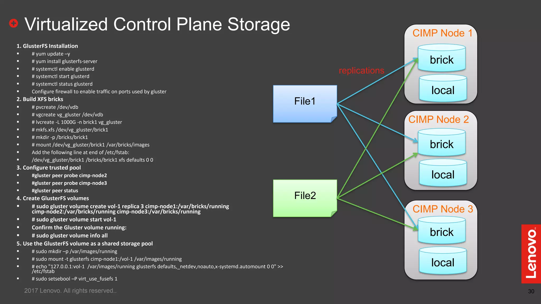 30
Virtualized Control Plane Storage
2017 Lenovo. All rights reserved..
CIMP Node 1
CIMP Node 2
CIMP Node 3
brick
brick
brick
File1
File2
replications
local
local
local
1. GlusterFS Installation
 # yum update –y
 # yum install glusterfs-server
 # systemctl enable glusterd
 # systemctl start glusterd
 # systemctl status glusterd
 Configure firewall to enable traffic on ports used by gluster
2. Build XFS bricks
 # pvcreate /dev/vdb
 # vgcreate vg_gluster /dev/vdb
 # lvcreate -L 1000G -n brick1 vg_gluster
 # mkfs.xfs /dev/vg_gluster/brick1
 # mkdir -p /bricks/brick1
 # mount /dev/vg_gluster/brick1 /var/bricks/images
 Add the following line at end of /etc/fstab:
 /dev/vg_gluster/brick1 /bricks/brick1 xfs defaults 0 0
3. Configure trusted pool
 #gluster peer probe cimp-node2
 #gluster peer probe cimp-node3
 #gluster peer status
4. Create GlusterFS volumes
 # sudo gluster volume create vol-1 replica 3 cimp-node1:/var/bricks/running
cimp-node2:/var/bricks/running cimp-node3:/var/bricks/running
 # sudo gluster volume start vol-1
 Confirm the Gluster volume running:
 # sudo gluster volume info all
5. Use the GlusterFS volume as a shared storage pool
 # sudo mkdir –p /var/images/running
 # sudo mount -t glusterfs cimp-node1:/vol-1 /var/images/running
 # echo "127.0.0.1:vol-1 /var/images/running glusterfs defaults,_netdev,noauto,x-systemd.automount 0 0" >>
/etc/fstab
 # sudo setsebool –P virt_use_fusefs 1
 