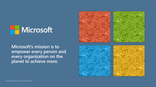 Microsoft’s mission is to
empower every person and
every organization on the
planet to achieve more.
© Copyright Microsoft Corporation. All rights reserved.
 