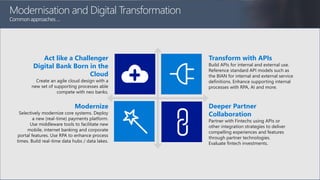 Modernisation and Digital Transformation
Commonapproaches…
Transform with APIs
Build APIs for internal and external use.
Reference standard API models such as
the BIAN for internal and external service
definitions. Enhance supporting internal
processes with RPA, AI and more.
Deeper Partner
Collaboration
Partner with Fintechs using APIs or
other integration strategies to deliver
compelling experiences and features
through partner technologies.
Evaluate fintech investments.
Modernize
Selectively modernize core systems. Deploy
a new (real-time) payments platform.
Use middleware tools to facilitate new
mobile, internet banking and corporate
portal features. Use RPA to enhance process
times. Build real-time data hubs / data lakes.
Act like a Challenger
Digital Bank Born in the
Cloud
Create an agile cloud design with a
new set of supporting processes able
compete with neo banks.
 