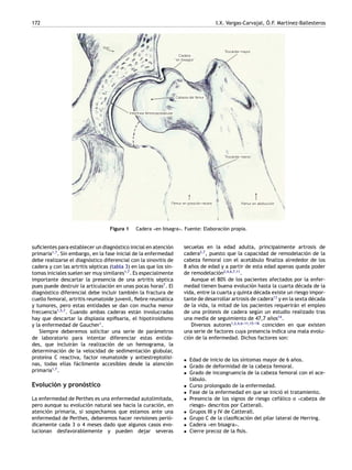 172 I.X. Vargas-Carvajal, Ó.F. Martínez-Ballesteros
Ilion
Trocánter mayor
Interlínea fémoroacetabular
Cadera
“en bisagra”
Cabeza del fémur
Trocánter menor
Fémur en posición neutra Fémur en abducción
Figura 1 Cadera «en bisagra». Fuente: Elaboración propia.
suficientes para establecer un diagnóstico inicial en atención
primaria1,7
. Sin embargo, en la fase inicial de la enfermedad
debe realizarse el diagnóstico diferencial con la sinovitis de
cadera y con las artritis sépticas (tabla 3) en las que los sín-
tomas iniciales suelen ser muy similares1,7
. Es especialmente
importante descartar la presencia de una artritis séptica
pues puede destruir la articulación en unas pocas horas7
. El
diagnóstico diferencial debe incluir también la fractura de
cuello femoral, artritis reumatoide juvenil, fiebre reumática
y tumores, pero estas entidades se dan con mucha menor
frecuencia1,5,7
. Cuando ambas caderas están involucradas
hay que descartar la displasia epifisaria, el hipotiroidismo
y la enfermedad de Gaucher1
.
Siempre deberemos solicitar una serie de parámetros
de laboratorio para intentar diferenciar estas entida-
des, que incluirán la realización de un hemograma, la
determinación de la velocidad de sedimentación globular,
proteína C reactiva, factor reumatoide y antiestreptolisi-
nas, todas ellas fácilmente accesibles desde la atención
primaria1,7
.
Evolución y pronóstico
La enfermedad de Perthes es una enfermedad autolimitada,
pero aunque su evolución natural sea hacia la curación, en
atención primaria, si sospechamos que estamos ante una
enfermedad de Perthes, deberemos hacer revisiones perió-
dicamente cada 3 o 4 meses dado que algunos casos evo-
lucionan desfavorablemente y pueden dejar severas
secuelas en la edad adulta, principalmente artrosis de
cadera2,7
, puesto que la capacidad de remodelación de la
cabeza femoral con el acetábulo finaliza alrededor de los
8 años de edad y a partir de esta edad apenas queda poder
de remodelación2,4,6,7,11
.
Aunque el 80% de los pacientes afectados por la enfer-
medad tienen buena evolución hasta la cuarta década de la
vida, entre la cuarta y quinta década existe un riesgo impor-
tante de desarrollar artrosis de cadera13
y en la sexta década
de la vida, la mitad de los pacientes requerirán el empleo
de una prótesis de cadera según un estudio realizado tras
una media de seguimiento de 47,7 años14
.
Diversos autores1,2,4,6-
-
-11,15-
-
-18
coinciden en que existen
una serie de factores cuya presencia indica una mala evolu-
ción de la enfermedad. Dichos factores son:
• Edad de inicio de los síntomas mayor de 6 años.
• Grado de deformidad de la cabeza femoral.
• Grado de incongruencia de la cabeza femoral con el ace-
tábulo.
• Curso prolongado de la enfermedad.
• Fase de la enfermedad en que se inició el tratamiento.
• Presencia de los signos de riesgo cefálico o «cabeza de
riesgo» descritos por Catterall.
• Grupos III y IV de Catterall.
• Grupo C de la clasificación del pilar lateral de Herring.
• Cadera «en bisagra».
• Cierre precoz de la fisis.
 