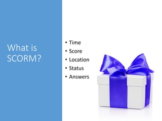 What is
SCORM?
• Time
• Score
• Location
• Status
• Answers
 
