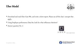 Dr. Jorge Ramírez Medina
Uber Model
• Download and read Uber Case P81, and write a short report. Please use all the class’ concepts that
apply..
• Using Employee performance Data Set, look for what influences Attrition?
• Answer question No. 2
Detailed explanation by professor at regular class time.
 