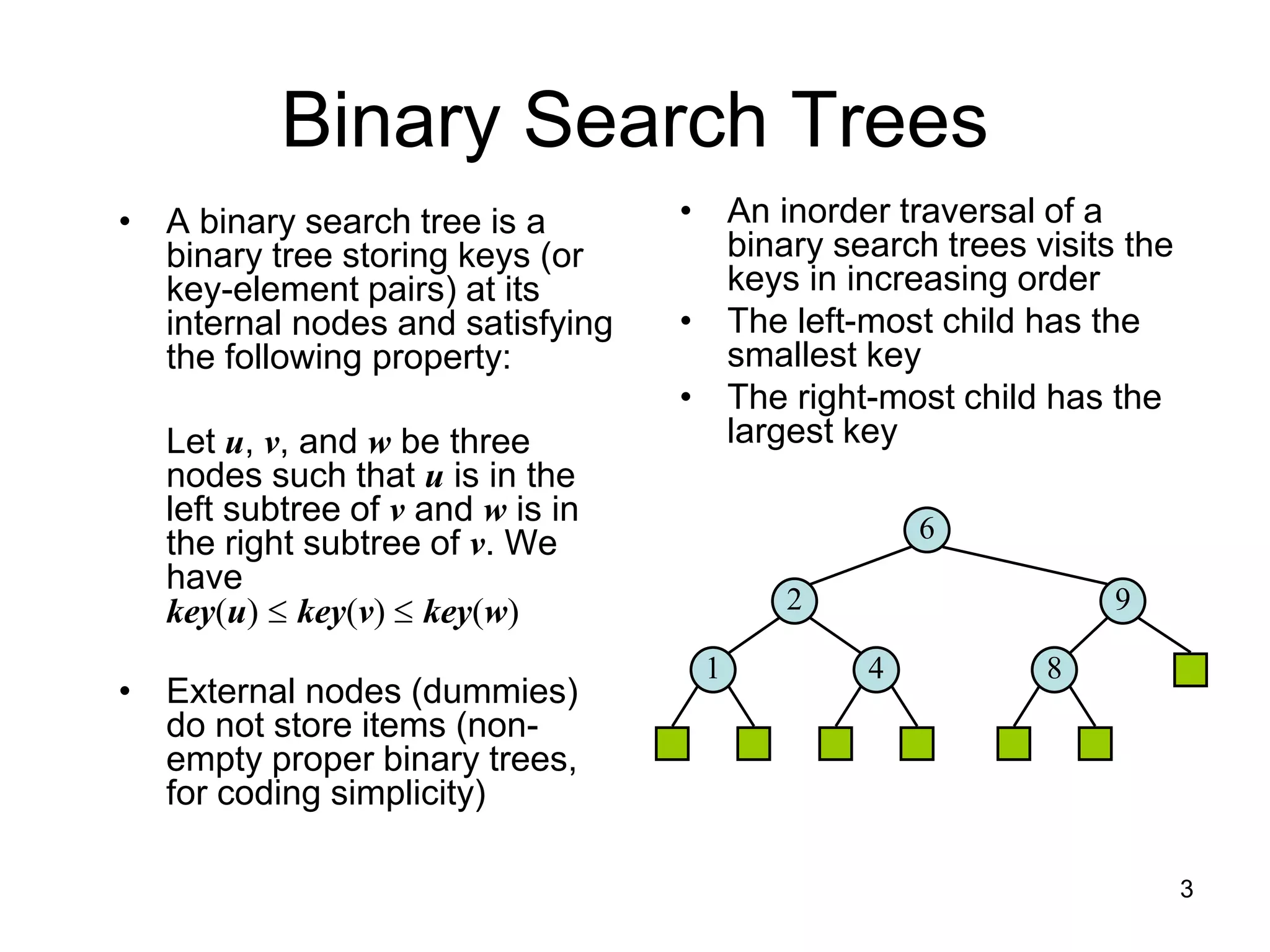 Binary Search Trees
• A binary search tree is a
binary tree storing keys (or
key-element pairs) at its
internal nodes and satisfying
the following property:
Let u, v, and w be three
nodes such that u is in the
left subtree of v and w is in
the right subtree of v. We
have
key(u)  key(v)  key(w)
• External nodes (dummies)
do not store items (non-
empty proper binary trees,
for coding simplicity)
• An inorder traversal of a
binary search trees visits the
keys in increasing order
• The left-most child has the
smallest key
• The right-most child has the
largest key
6
9
2
4
1 8
3
 