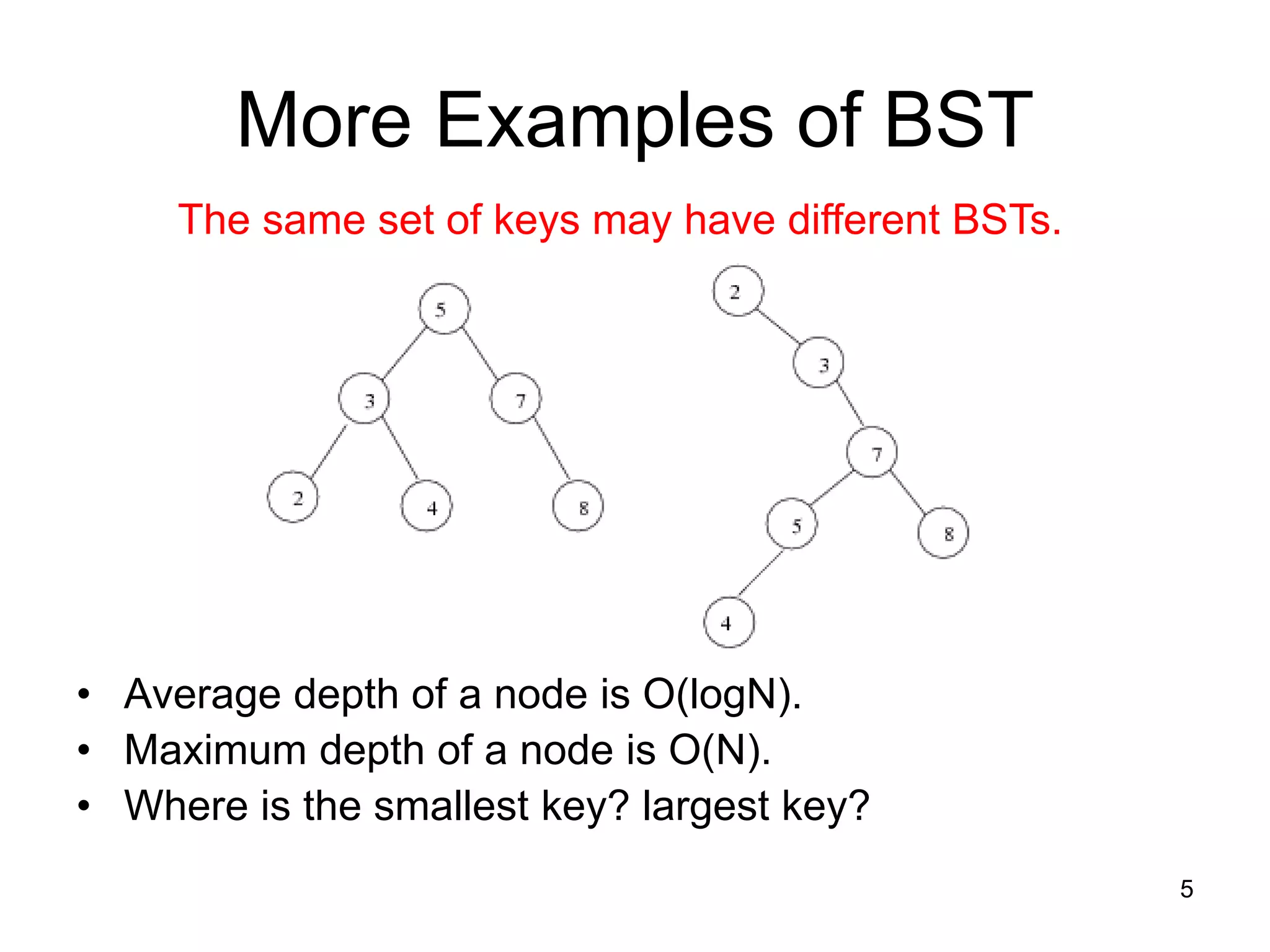 5
More Examples of BST
• Average depth of a node is O(logN).
• Maximum depth of a node is O(N).
• Where is the smallest key? largest key?
The same set of keys may have different BSTs.
 