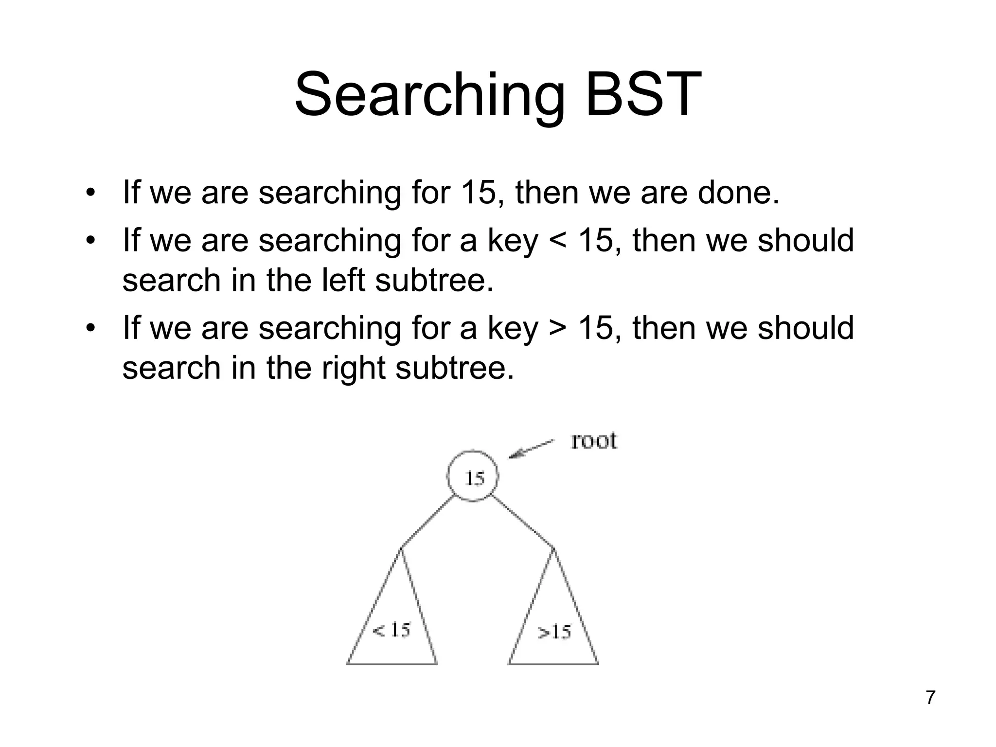 7
Searching BST
• If we are searching for 15, then we are done.
• If we are searching for a key < 15, then we should
search in the left subtree.
• If we are searching for a key > 15, then we should
search in the right subtree.
 