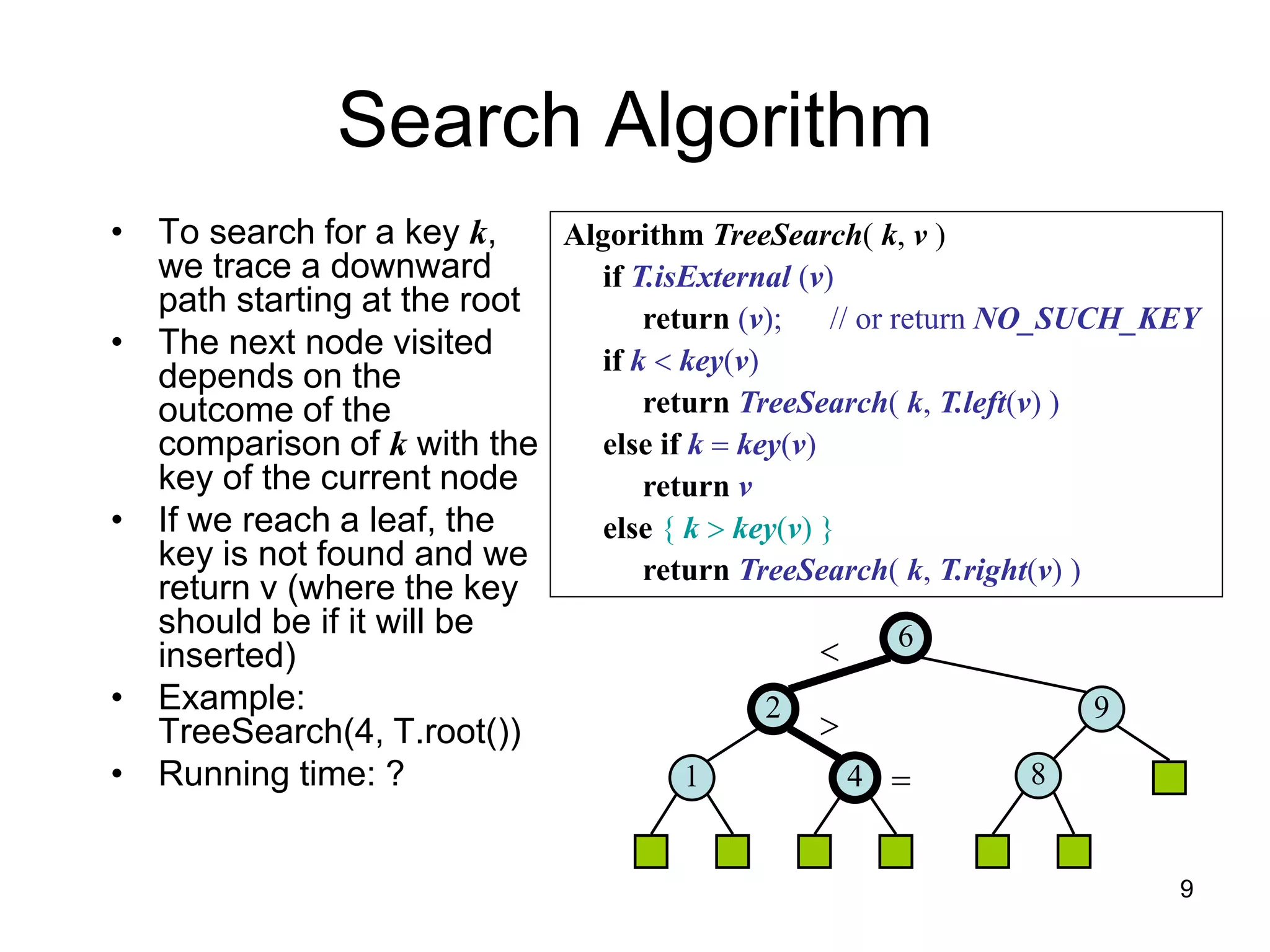 Search Algorithm
• To search for a key k,
we trace a downward
path starting at the root
• The next node visited
depends on the
outcome of the
comparison of k with the
key of the current node
• If we reach a leaf, the
key is not found and we
return v (where the key
should be if it will be
inserted)
• Example:
TreeSearch(4, T.root())
• Running time: ?
Algorithm TreeSearch( k, v )
if T.isExternal (v)
return (v); // or return NO_SUCH_KEY
if k < key(v)
return TreeSearch( k, T.left(v) )
else if k = key(v)
return v
else { k > key(v) }
return TreeSearch( k, T.right(v) )
6
9
2
4
1 8
<
>
=
9
 