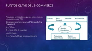 PUNTOS CLAVE DEL E-COMMERCE
Productos o servicios tienen que ser únicos, mejores
y más económicos: VRIN
Cómo sabemos si tenemos una USP (Unique Selling
Proposition ):
V, es Valiosa.
R, es Rara, difícil de encontrar.
I, es Inimitable.
N, en No sustituible por otra cosa, necesaria
 