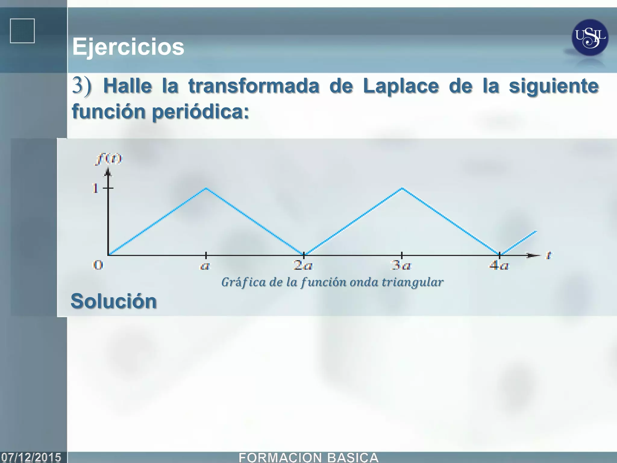 Ejercicios
3) Halle la transformada de Laplace de la siguiente
función periódica:
Solución
𝐺𝑟á𝑓𝑖𝑐𝑎 𝑑𝑒 𝑙𝑎 𝑓𝑢𝑛𝑐𝑖ó𝑛 𝑜𝑛𝑑𝑎 𝑡𝑟𝑖𝑎𝑛𝑔𝑢𝑙𝑎𝑟
 