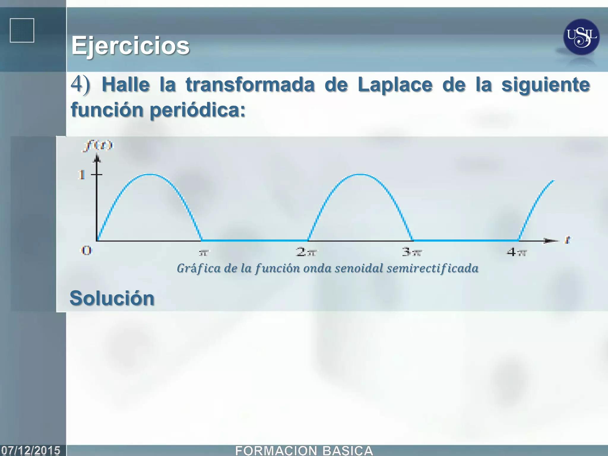 Ejercicios
4) Halle la transformada de Laplace de la siguiente
función periódica:
Solución
𝐺𝑟á𝑓𝑖𝑐𝑎 𝑑𝑒 𝑙𝑎 𝑓𝑢𝑛𝑐𝑖ó𝑛 𝑜𝑛𝑑𝑎 𝑠𝑒𝑛𝑜𝑖𝑑𝑎𝑙 𝑠𝑒𝑚𝑖𝑟𝑒𝑐𝑡𝑖𝑓𝑖𝑐𝑎𝑑𝑎
 
