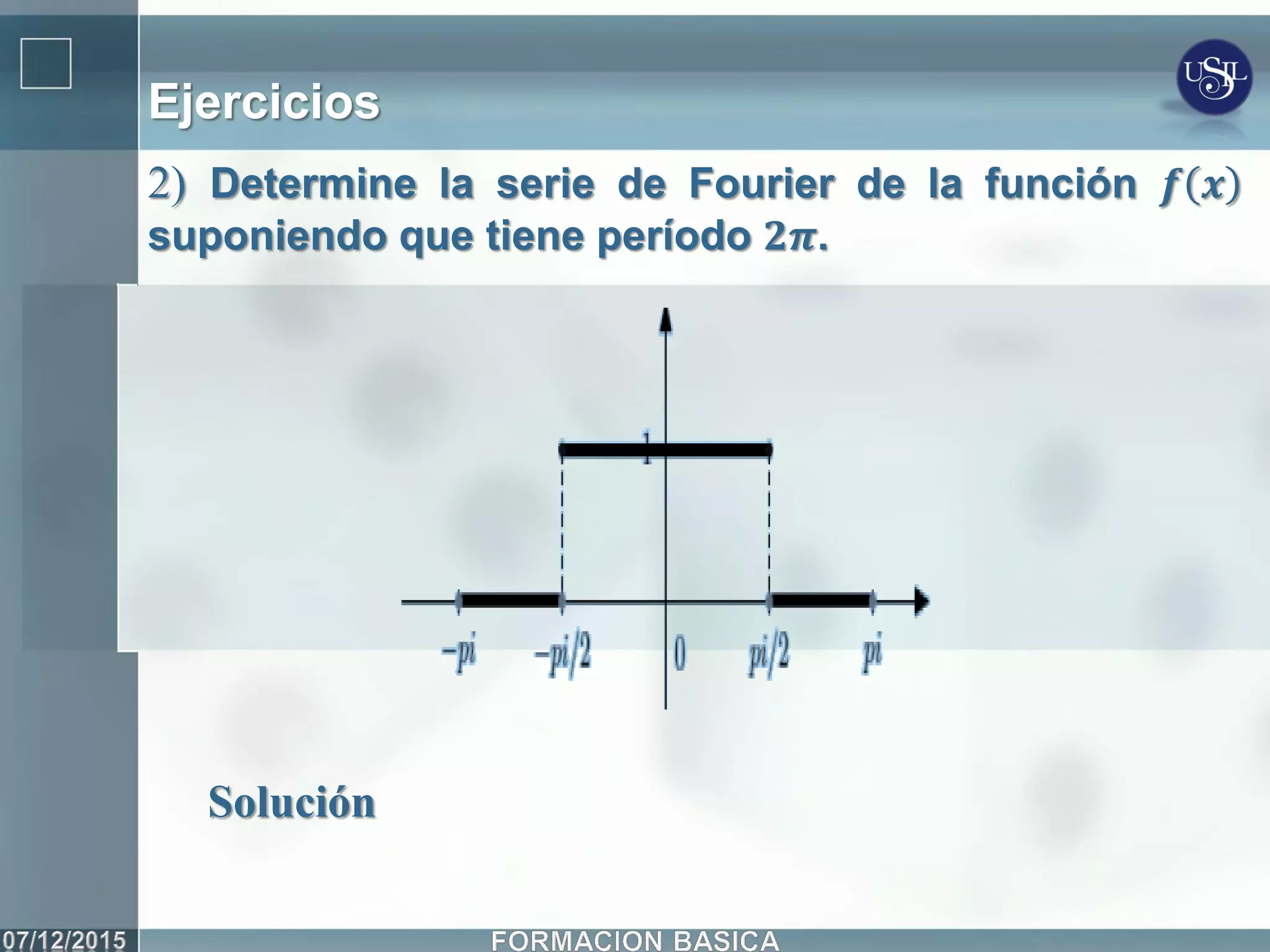 Ejercicios
2) Determine la serie de Fourier de la función 𝒇 𝒙
suponiendo que tiene período 𝟐𝝅.
Solución
 