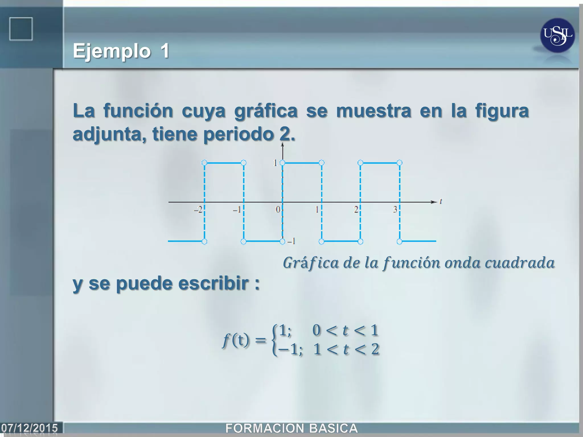 Ejemplo 1
La función cuya gráfica se muestra en la figura
adjunta, tiene periodo 2.
y se puede escribir :
𝑓 t =
1; 0 < 𝑡 < 1
−1; 1 < 𝑡 < 2
𝐺𝑟á𝑓𝑖𝑐𝑎 𝑑𝑒 𝑙𝑎 𝑓𝑢𝑛𝑐𝑖ó𝑛 𝑜𝑛𝑑𝑎 𝑐𝑢𝑎𝑑𝑟𝑎𝑑𝑎
 