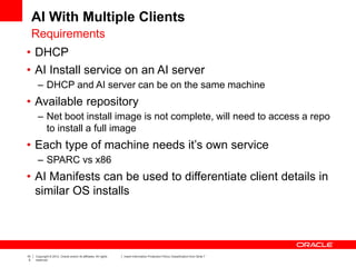 10
5
Copyright © 2012, Oracle and/or its affiliates. All rights
reserved.
Insert Information Protection Policy Classification from Slide 7
AI With Multiple Clients
• DHCP
• AI Install service on an AI server
– DHCP and AI server can be on the same machine
• Available repository
– Net boot install image is not complete, will need to access a repo
to install a full image
• Each type of machine needs it’s own service
– SPARC vs x86
• AI Manifests can be used to differentiate client details in
similar OS installs
Requirements
 
