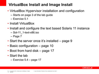 12
9
Copyright © 2012, Oracle and/or its affiliates. All rights
reserved.
Insert Information Protection Policy Classification from Slide 7
VirtualBox Install and Image Install
• VirtualBox Hypervisor installation and configuration
– Starts on page 3 of the lab guide
– Exercise 5.1
• Install VirtualBox
• Install and configure the text based Solaris 11 instance
– Sol-11_1-text-x86.iso
– Page 7
• Start the server once it’s installed – page 9
• Basic configuration – page 10
• Boot from hard disk – page 17
• Start the lab
– Exercise 5.4 – page 17
 