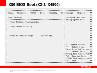15
2
Copyright © 2012, Oracle and/or its affiliates. All rights
reserved.
Insert Information Protection Policy Classification from Slide 7
X86 BIOS Boot (X2-8/ X4800)
 