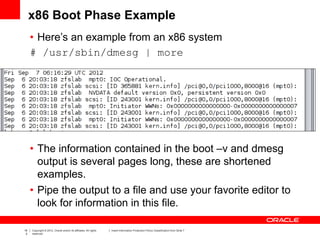 16
2
Copyright © 2012, Oracle and/or its affiliates. All rights
reserved.
Insert Information Protection Policy Classification from Slide 7
x86 Boot Phase Example
• Here’s an example from an x86 system
# /usr/sbin/dmesg | more
• The information contained in the boot –v and dmesg
output is several pages long, these are shortened
examples.
• Pipe the output to a file and use your favorite editor to
look for information in this file.
 