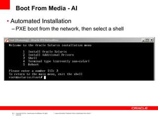 19
1
Copyright © 2012, Oracle and/or its affiliates. All rights
reserved.
Insert Information Protection Policy Classification from Slide 7
Boot From Media - AI
• Automated Installation
– PXE boot from the network, then select a shell
 