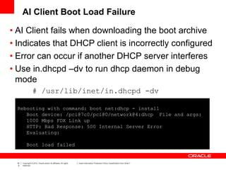 19
6
Copyright © 2012, Oracle and/or its affiliates. All rights
reserved.
Insert Information Protection Policy Classification from Slide 7
AI Client Boot Load Failure
• AI Client fails when downloading the boot archive
• Indicates that DHCP client is incorrectly configured
• Error can occur if another DHCP server interferes
• Use in.dhcpd –dv to run dhcp daemon in debug
mode
# /usr/lib/inet/in.dhcpd -dv
Rebooting with command: boot net:dhcp - install
Boot device: /pci@7c0/pci@0/network@4:dhcp File and args:
1000 Mbps FDX Link up
HTTP: Bad Response: 500 Internal Server Error
Evaluating:
Boot load failed
 