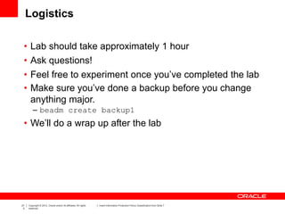 21
3
Copyright © 2012, Oracle and/or its affiliates. All rights
reserved.
Insert Information Protection Policy Classification from Slide 7
Logistics
• Lab should take approximately 1 hour
• Ask questions!
• Feel free to experiment once you’ve completed the lab
• Make sure you’ve done a backup before you change
anything major.
– beadm create backup1
• We’ll do a wrap up after the lab
 