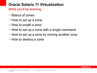 21
5
Copyright © 2012, Oracle and/or its affiliates. All rights
reserved.
Insert Information Protection Policy Classification from Slide 7
Oracle Solaris 11 Virtualization
What you’ll be learning
• Basics of zones
• How to set up a zone
• How to install a zone
• How to set up a zone with a single command
• How to set up a zone by cloning another zone
• How to destroy a zone
 