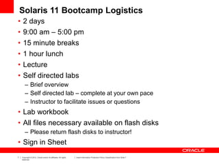 7 Copyright © 2012, Oracle and/or its affiliates. All rights
reserved.
Insert Information Protection Policy Classification from Slide 7
Solaris 11 Bootcamp Logistics
• 2 days
• 9:00 am – 5:00 pm
• 15 minute breaks
• 1 hour lunch
• Lecture
• Self directed labs
– Brief overview
– Self directed lab – complete at your own pace
– Instructor to facilitate issues or questions
• Lab workbook
• All files necessary available on flash disks
– Please return flash disks to instructor!
• Sign in Sheet
 