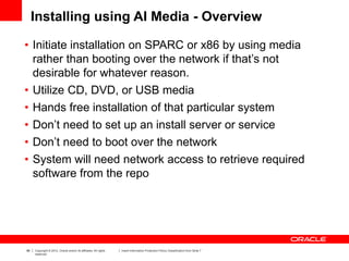 96 Copyright © 2012, Oracle and/or its affiliates. All rights
reserved.
Insert Information Protection Policy Classification from Slide 7
Installing using AI Media - Overview
• Initiate installation on SPARC or x86 by using media
rather than booting over the network if that’s not
desirable for whatever reason.
• Utilize CD, DVD, or USB media
• Hands free installation of that particular system
• Don’t need to set up an install server or service
• Don’t need to boot over the network
• System will need network access to retrieve required
software from the repo
 