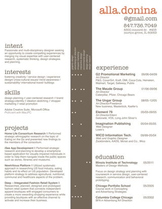 alla.donina

@gmail.com

847.736.7049

intent

Passionate and multi-disciplinary designer seeking
an opportunity to create compelling experiences by
merging my visual expertise with user-centered
research, systematic thinking, design strategies
and planning.

interests

fostering creativity / service design / experience
design/ cross-cultural issues/ trend awareness /
sustainability/ international travel/ bulldogs

skills

design planning // user-centered research // brand
strategy+identity // ideation sketching // shopper
marketing // retail promotion
Adobe Creative Suite, Microsoft Office
Proﬁcient with Mac/PC

projects

Home Life Consortium Research || Performed
strategic ethnogaphic research on the topic of
Eating on the Go and presented new findings to
the members of the consortium.
iSee App Development || Performed strategic
research and planning to develop a smartphone
based application for visually impaired individuals in
order to help them navigate inside the public spaces
such as stores, libraries and museums.
Newtritious Platform || Utilized systematic
approach in researching US food industry, eating
habits and its effect on US population. Developed
platform strategy to address agricultural, nutritional,
communal and healthcare aspects of the problem.
Deep :: Integarated Fashion Retail System ||
Researched, planned, designed and prototyped
fashion retail system that connects independent
apparel boutiques with engaged consumers to
create a more rewarding shopping experience while
providing boutiques with an effective channel to
activate and increase their business.

graphic design
advertising art direction
shopper marketing
interactive design
envronmental design
design planning
design reserch

8300 concord dr. #403
morton grove, IL 60053

experience

G2 Promotional Marketing

09/06-04/09

The Maude Group

01/06-09/06

The Ungar Group

08/05-12/05

Element 79

05/05-09/05

Imagination Publishing

05/04-05/05

WICO Information Tech.

09/99-05/04

Art Director
PG, CoverGirl, Kraft, DMI, Coca-Cola, Heineken,
Walmart, Target, Safeway, Publix
Art Director
Caterpillar, Pfizer, Chicago Bears
Art Director/Freelance
New business, Masterlock, Keefer’s
Art Director/Intern
Gatorade, VO5, Long John Silver’s
Web Designer
Lowe’s

Web and Graphic Designer
Zookbinders, AAOS, Moran and Co., Wico

education

Illinois Institute of Technology
Masters of Design Methods

05/2011

Focus on design strategy and planning with
coursework in service design, user-centered
research, communication and behavioral
prototyping.

Chicago Portfolio School

05/2005

Columbia College Chicago

05/2002

Course work in Concepting
and Advertising Strategies

BFA in Advertising Art Direction

 