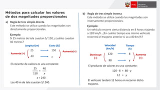 a) Regla de tres simple directa
Este método se utiliza cuando las magnitudes son
directamente proporcionales.
Longitud (m) Costo (S/)
25
40
150
x
Aumenta (+)
El cociente de valores es una constante:
Ejemplo:
Si 25 metros de tela cuestan S/ 150, ¿cuánto cuestan
40 metros?
Los 40 m de tela cuestan S/ 240.
x = 240
b) Regla de tres simple inversa
Este método se utiliza cuando las magnitudes son
inversamente proporcionales.
Ejemplo:
Un vehículo recorre cierta distancia en 8 horas viajando
a 120 km/h. ¿En cuánto tiempo ese mismo vehículo
recorrerá el trayecto anterior si va a 80 km/h?
Velocidad
(km/h)
Tiempo
(h)
120
80
8
y
Disminuye
(–)
Aumenta
(+)
El producto de valores es una constante:
120 ∙ 8 = 80 ∙ y
12 = y
El vehículo tardará 12 horas en recorrer dicho
trayecto.
25
150
=
40
x
Aumenta (+)
 