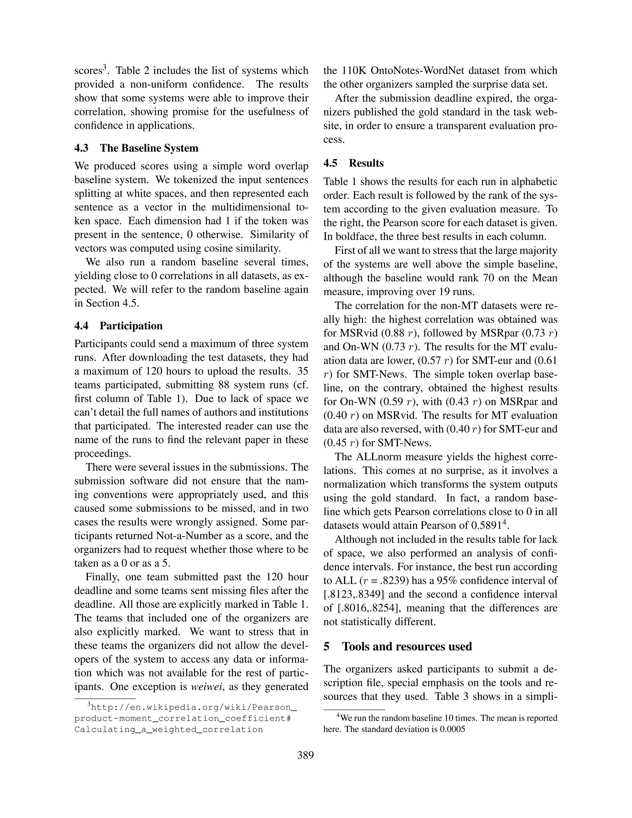 scores3 . Table 2 includes the list of systems which       the 110K OntoNotes-WordNet dataset from which
provided a non-uniform conﬁdence. The results              the other organizers sampled the surprise data set.
show that some systems were able to improve their             After the submission deadline expired, the orga-
correlation, showing promise for the usefulness of         nizers published the gold standard in the task web-
conﬁdence in applications.                                 site, in order to ensure a transparent evaluation pro-
                                                           cess.
4.3 The Baseline System
We produced scores using a simple word overlap             4.5    Results
baseline system. We tokenized the input sentences          Table 1 shows the results for each run in alphabetic
splitting at white spaces, and then represented each       order. Each result is followed by the rank of the sys-
sentence as a vector in the multidimensional to-           tem according to the given evaluation measure. To
ken space. Each dimension had 1 if the token was           the right, the Pearson score for each dataset is given.
present in the sentence, 0 otherwise. Similarity of        In boldface, the three best results in each column.
vectors was computed using cosine similarity.                 First of all we want to stress that the large majority
   We also run a random baseline several times,            of the systems are well above the simple baseline,
yielding close to 0 correlations in all datasets, as ex-   although the baseline would rank 70 on the Mean
pected. We will refer to the random baseline again         measure, improving over 19 runs.
in Section 4.5.                                               The correlation for the non-MT datasets were re-
                                                           ally high: the highest correlation was obtained was
4.4 Participation
                                                           for MSRvid (0.88 r), followed by MSRpar (0.73 r)
Participants could send a maximum of three system          and On-WN (0.73 r). The results for the MT evalu-
runs. After downloading the test datasets, they had        ation data are lower, (0.57 r) for SMT-eur and (0.61
a maximum of 120 hours to upload the results. 35           r) for SMT-News. The simple token overlap base-
teams participated, submitting 88 system runs (cf.         line, on the contrary, obtained the highest results
ﬁrst column of Table 1). Due to lack of space we           for On-WN (0.59 r), with (0.43 r) on MSRpar and
can’t detail the full names of authors and institutions    (0.40 r) on MSRvid. The results for MT evaluation
that participated. The interested reader can use the       data are also reversed, with (0.40 r) for SMT-eur and
name of the runs to ﬁnd the relevant paper in these        (0.45 r) for SMT-News.
proceedings.                                                  The ALLnorm measure yields the highest corre-
   There were several issues in the submissions. The       lations. This comes at no surprise, as it involves a
submission software did not ensure that the nam-           normalization which transforms the system outputs
ing conventions were appropriately used, and this          using the gold standard. In fact, a random base-
caused some submissions to be missed, and in two           line which gets Pearson correlations close to 0 in all
cases the results were wrongly assigned. Some par-         datasets would attain Pearson of 0.58914 .
ticipants returned Not-a-Number as a score, and the           Although not included in the results table for lack
organizers had to request whether those where to be        of space, we also performed an analysis of conﬁ-
taken as a 0 or as a 5.                                    dence intervals. For instance, the best run according
   Finally, one team submitted past the 120 hour           to ALL (r = .8239) has a 95% conﬁdence interval of
deadline and some teams sent missing ﬁles after the        [.8123,.8349] and the second a conﬁdence interval
deadline. All those are explicitly marked in Table 1.      of [.8016,.8254], meaning that the differences are
The teams that included one of the organizers are          not statistically different.
also explicitly marked. We want to stress that in
these teams the organizers did not allow the devel-        5 Tools and resources used
opers of the system to access any data or informa-
tion which was not available for the rest of partic-       The organizers asked participants to submit a de-
ipants. One exception is weiwei, as they generated         scription ﬁle, special emphasis on the tools and re-
                                                           sources that they used. Table 3 shows in a simpli-
   3
   http://en.wikipedia.org/wiki/Pearson_
                                                              4
product-moment_correlation_coefficient#                        We run the random baseline 10 times. The mean is reported
Calculating_a_weighted_correlation                         here. The standard deviation is 0.0005

                                                     389
 